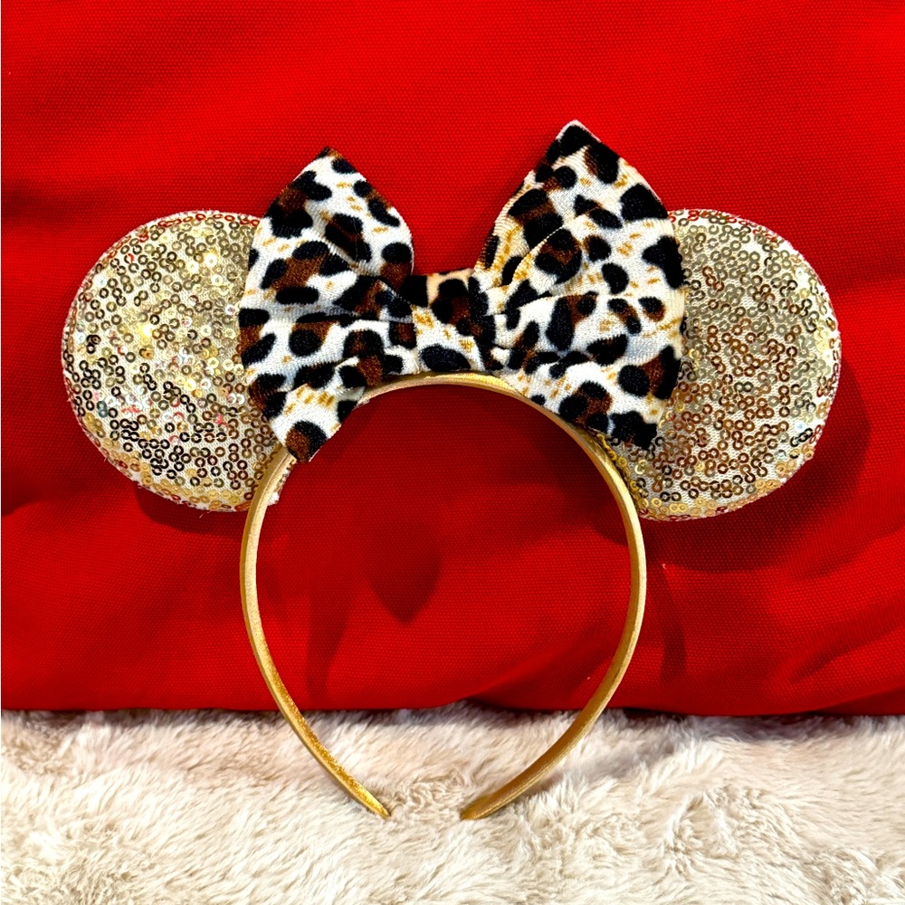 Handmade Minnie Ears Headband Leopard Cheetah Bow Gold Sequins
